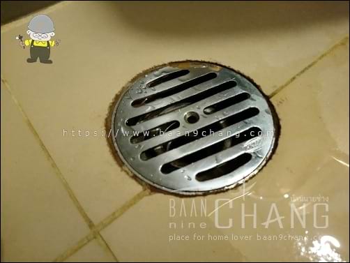 ตะแกรงระบายน้ำในห้องน้ำ แบบมีกันกลิ่น แต่ในภาพนี้ ถูกถอดฝาครอบกันกลิ่นทิ้งไปแล้ว น่าจะรำคาญเรื่องน้ำไหลช้า และมีอาการขังน้ำเล็กน้อยด้วย